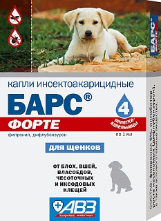 Bars Forte fleas and ticks drops for puppies: description, application, buy at manufacturer's price